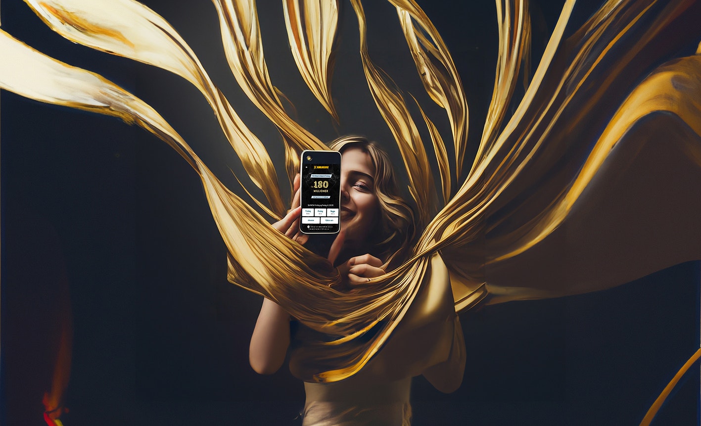 AI-generert av en ung kvinne som holder en mobiltelefon foran seg. På mobilen vises spill for Eurojackpot fredag 16. februar 2024.