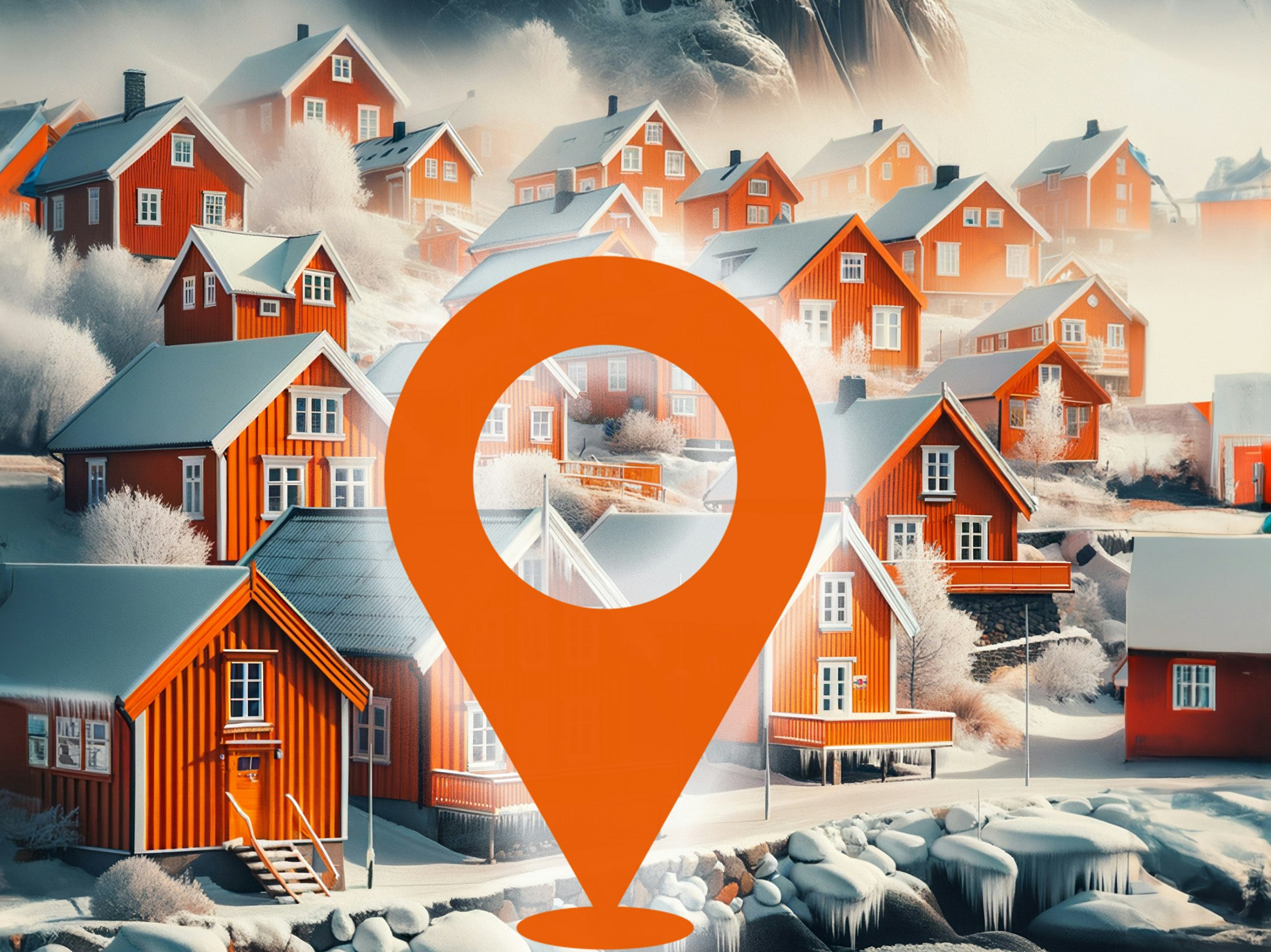 AI-generert bilde av et nabolag med mange oransje hus. Vintertid. En geotag fyller store deler av bildet. Nabolaget, Norsk Tipping.