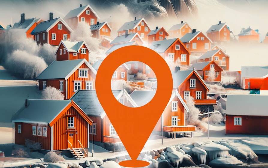 AI-generert bilde av et nabolag med mange oransje hus. Vintertid. En geotag fyller store deler av bildet. Nabolaget, Norsk Tipping.