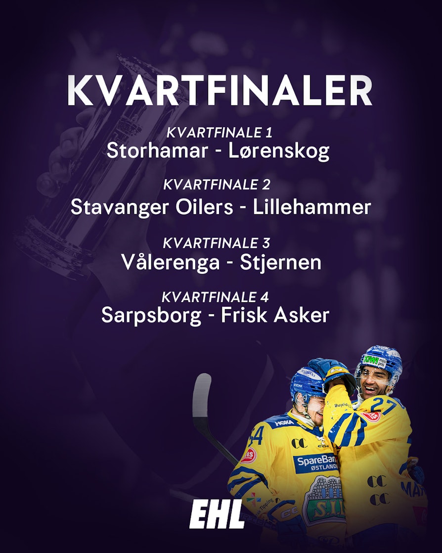 Kvartfinalene i NM-sluttspillet: Storhamar - Lørenskog, Stavanger - Lillehammer, Vålerenga - Stjernen, Sparta - Frisk Asker.