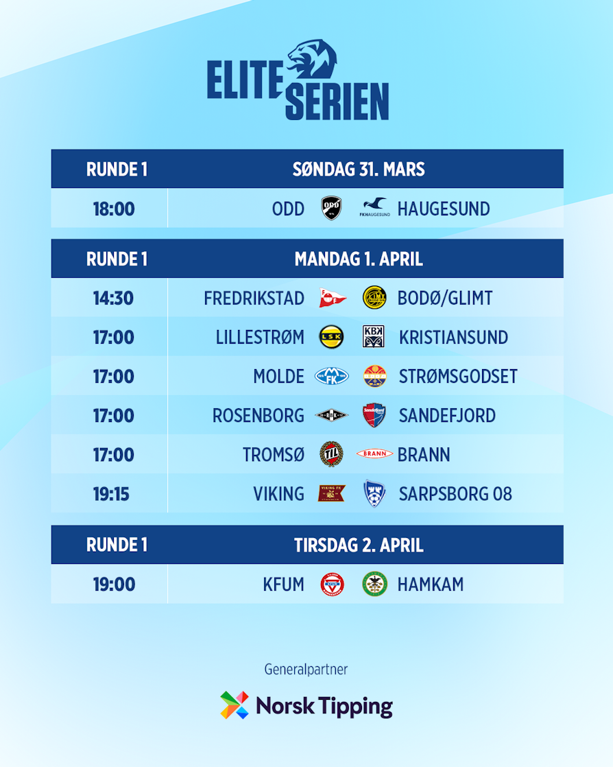 SLIK SPILLES DEN FØRSTE ELITESERIE-RUNDEN: Odd - Haugesund, Fredrikstad - Bodø/Glimt, Lillestrøm - Kristiansund, Molde - Strømsgodset, Rosenborg - Sandefjord, Tromsø - Brann, Viking - Sarpsborg 08, KFUM - HamKam.