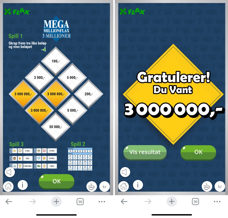 Bilde av to digitale Flax-lodd type "Mega MillionFlax". Her vant en person tre millioner kroner, som er toppgevinst.