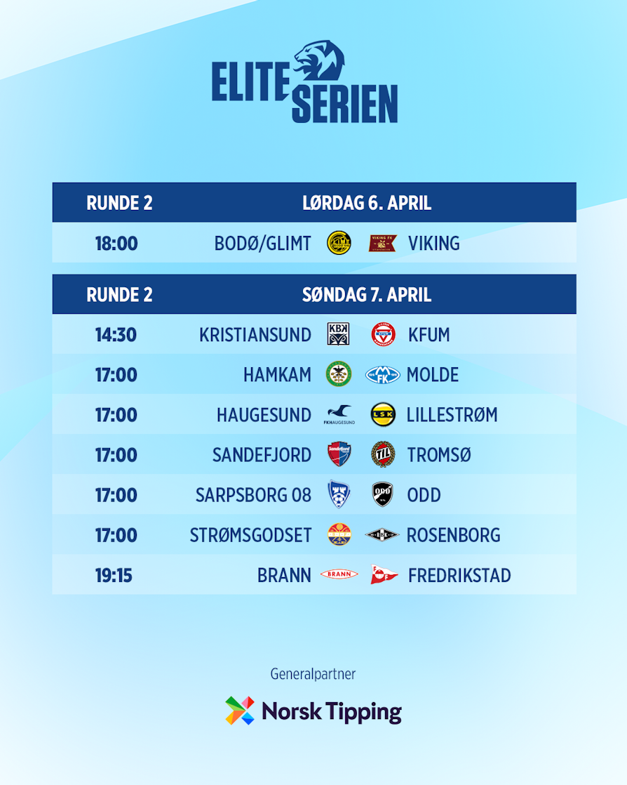 Lørdag:   Bodø/Glimt - Viking kl. 18.00  Søndag:  Kristiansund - KFUM Oslo kl. 14.30  HamKam - Molde kl. 17.00  Haugesund - Lillestrøm kl. 17.00  Sarpsborg 08 - Odd kl. 17.00  Strømsgodset - Rosenborg kl. 17.00  Brann - Fredrikstad kl. 17.00