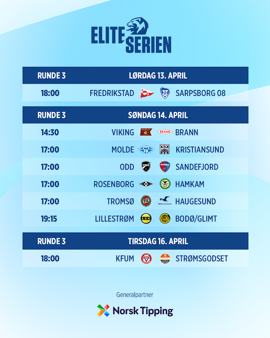 HELE RUNDEN: Fredrikstad - Sarpsborg 08, Viking - Brann, Molde - Kristiansund, Odd - Sandefjord, Rosenborg - HamKam, Tromsø - Haugesund, Lillestrøm - Bodø/Glimt, KFUM - Strømsgodset