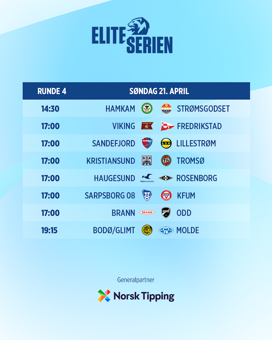 HELE RUNDEN: HamKam - Strømsgodset, Viking - Fredrikstad, Sandefjord - Lillestrøm, Kristiansund - Tromsø, Haugesund - Rosenborg, Sarpsborg 08 - KFUM, Brann - Odd, Bodø/Glimt - Molde.