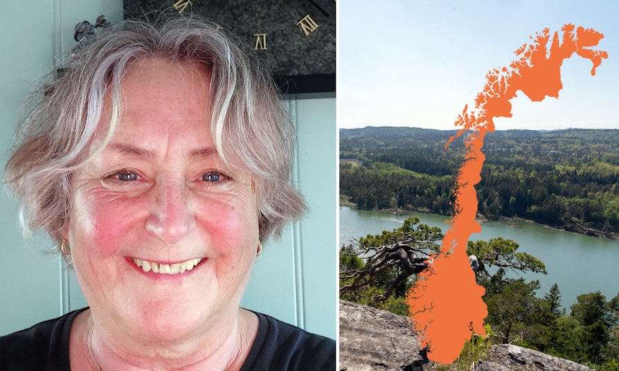 Bilde av Hilde P-M. Haugen. Millionær i Nabolaget fredag 12. april 2024. Også oversiktsbilde over Stathelle, med et oversiktskart/grafikk lagt oppå dette bildet.