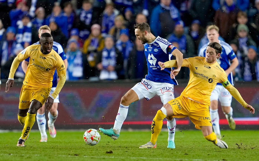 Bodø/Glimts Faris Brice Wembagomo, Moldes Magnus Wolff Eikrem og Patrick Berg under cupfinalen i 2023.