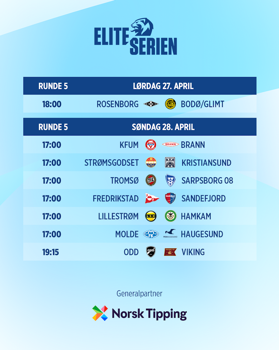 HELE RUNDEN: Rosenborg - Bodø/Glimt, KFUM - Brann, Strømsgodset - Kristiansund, Tromsø - Sarpsborg 08, Fredrikstad - Sandefjord, Lillestrøm - HamKam, Molde - Haugesund, Odd - Viking.