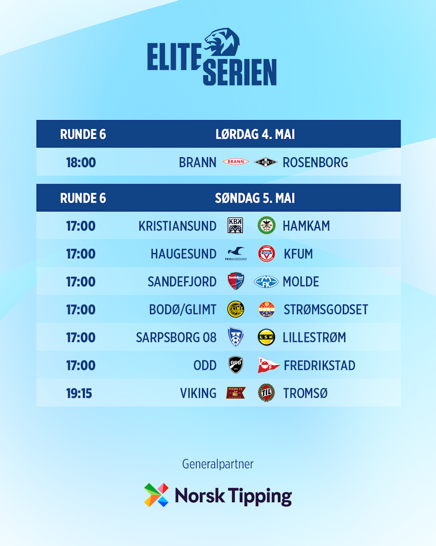 HELE RUNDEN: Brann - Rosenborg, Kristiansund - HamKam, Haugesund - KFUM, Sandefjord - Molde, Bodø/Glimt - Strømsgodset, Sarpsborg 08 - Lillestrøm, Odd - Fredrikstad, Viking - Tromsø.