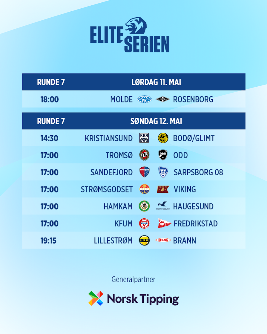 HELE RUNDEN: Molde - Rosenborg, Kristiansund - Bodø/Glimt, Tromsø - Odd, Sandefjord - Sarpsborg 08, Strømsgodset - Viking, HamKam - Haugesund, KFUM - Fredrikstad, Lillestrøm - Brann.