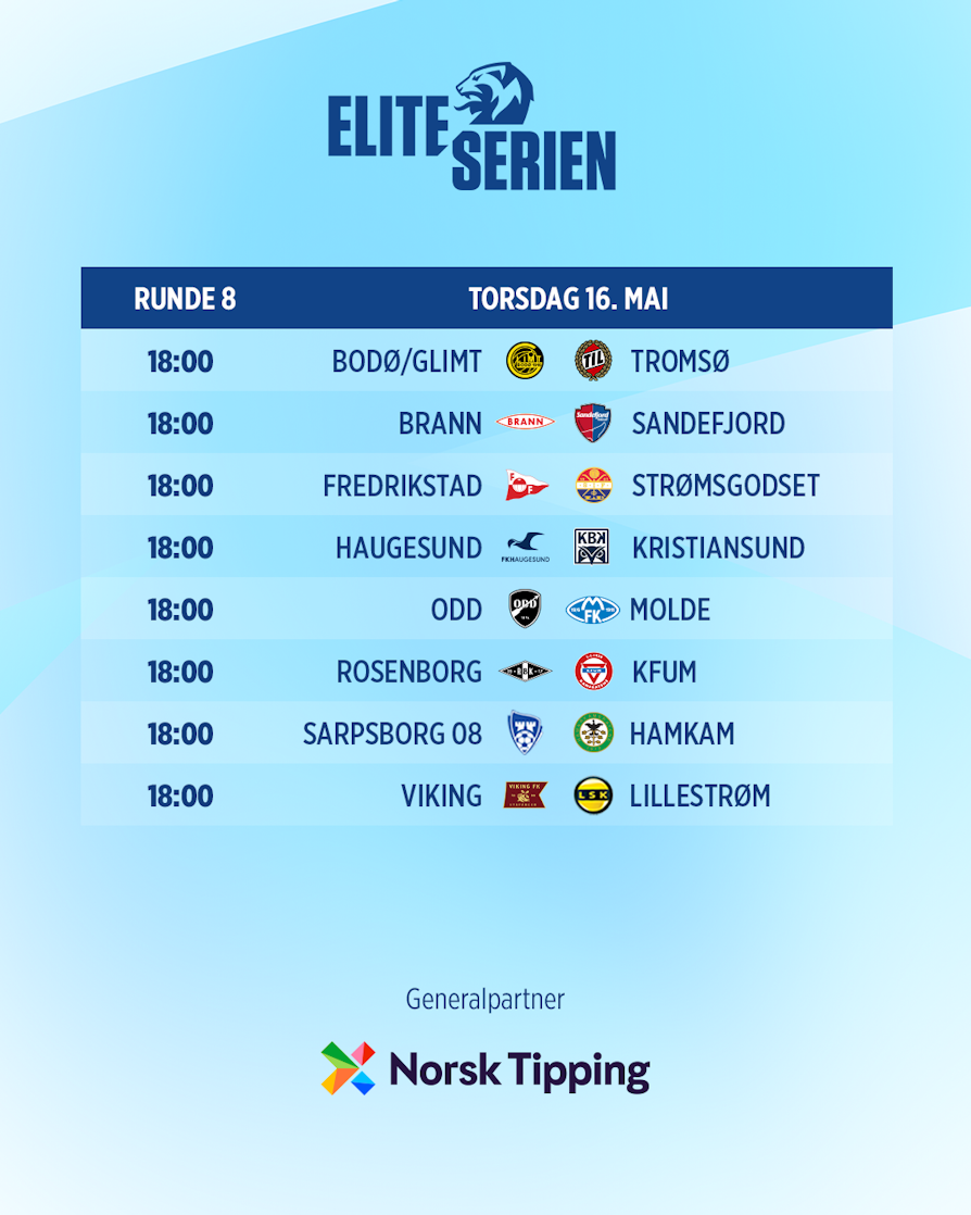 16. MAI-RUNDEN: Bodø/Glimt - Tromsø, Brann - Sandefjord, Fredrikstad - Strømsgodset, Haugesund - Kristiansund, Odd - Molde, Rosenborg - KFUM, Sarpsborg 08 - HamKam, Viking - Lillestrøm.
