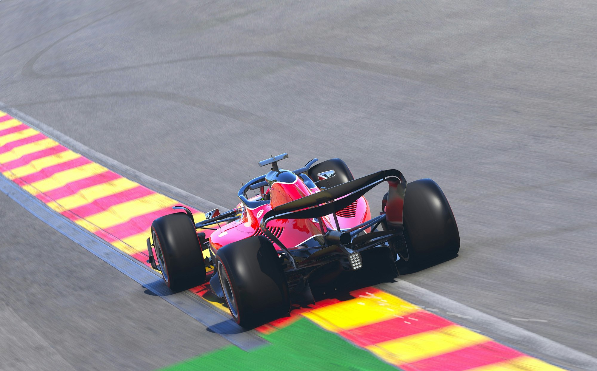 Rød Formel 1-bil kjører på motorbane. 3D illustrasjon.