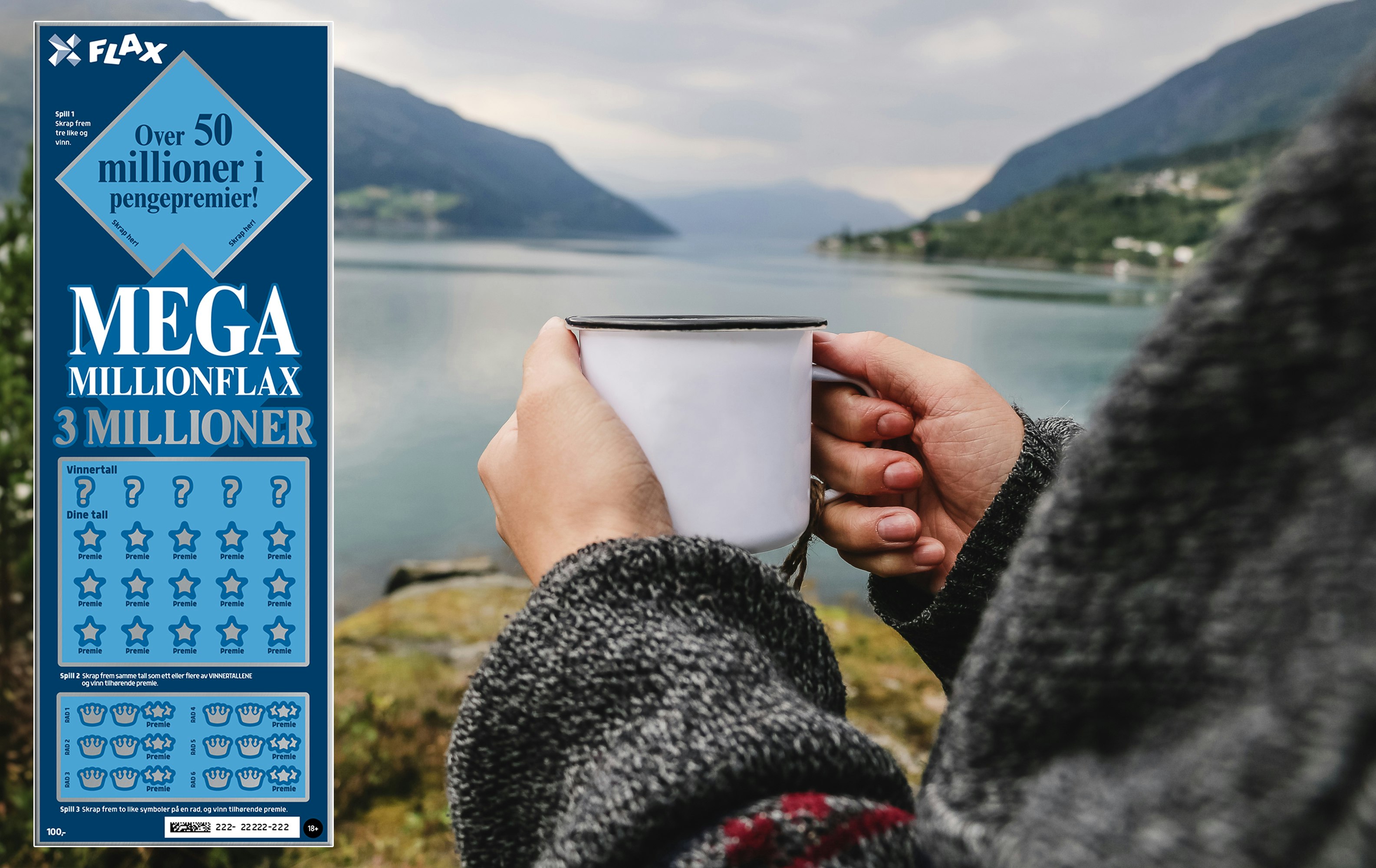 Illustrasjonsbilde av kvinnehender som holder en kaffekopp utendørs ved en fjord. Innfelt i bildet, er et bilde av loddet Mega MillionFlax.