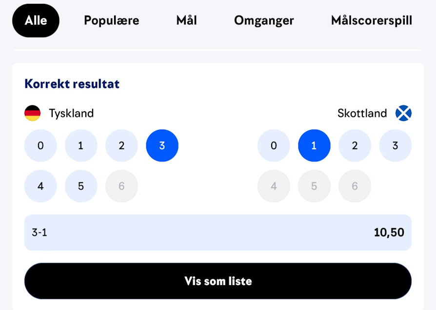 Oddsen, kampens resultat i tradisjonell liste eller som resultatvelger