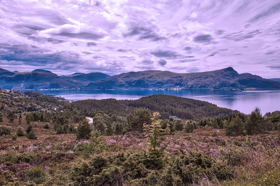 Landskapsbilde av Vanylven om sommeren, med lilla toner i bildet.
