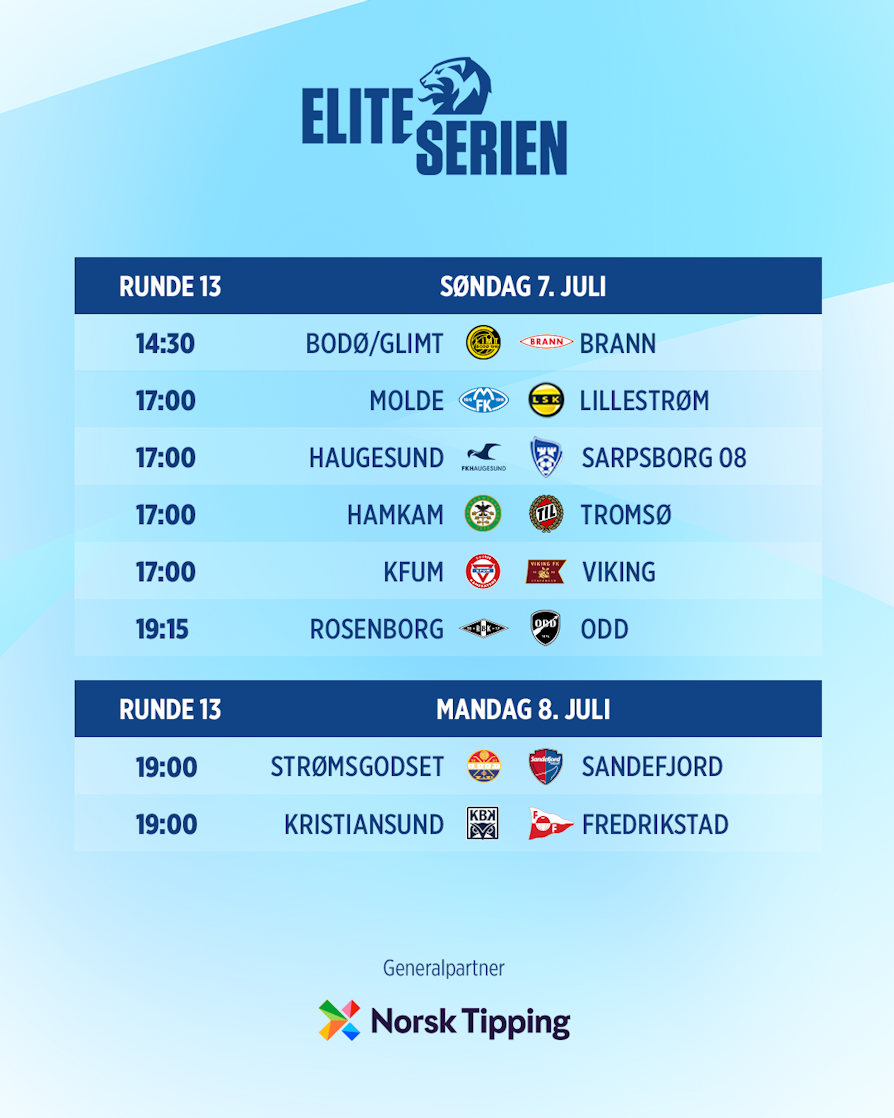 Bodø/Glimt - Brann, Molde - Lillestrøm, Haugesund - Sarpsborg 08, HamKam - Tromsø, KFUM - Viking, Rosenborg - Odd, Strømsgodset - Sandefjord, Kristiansund - Fredrikstad.