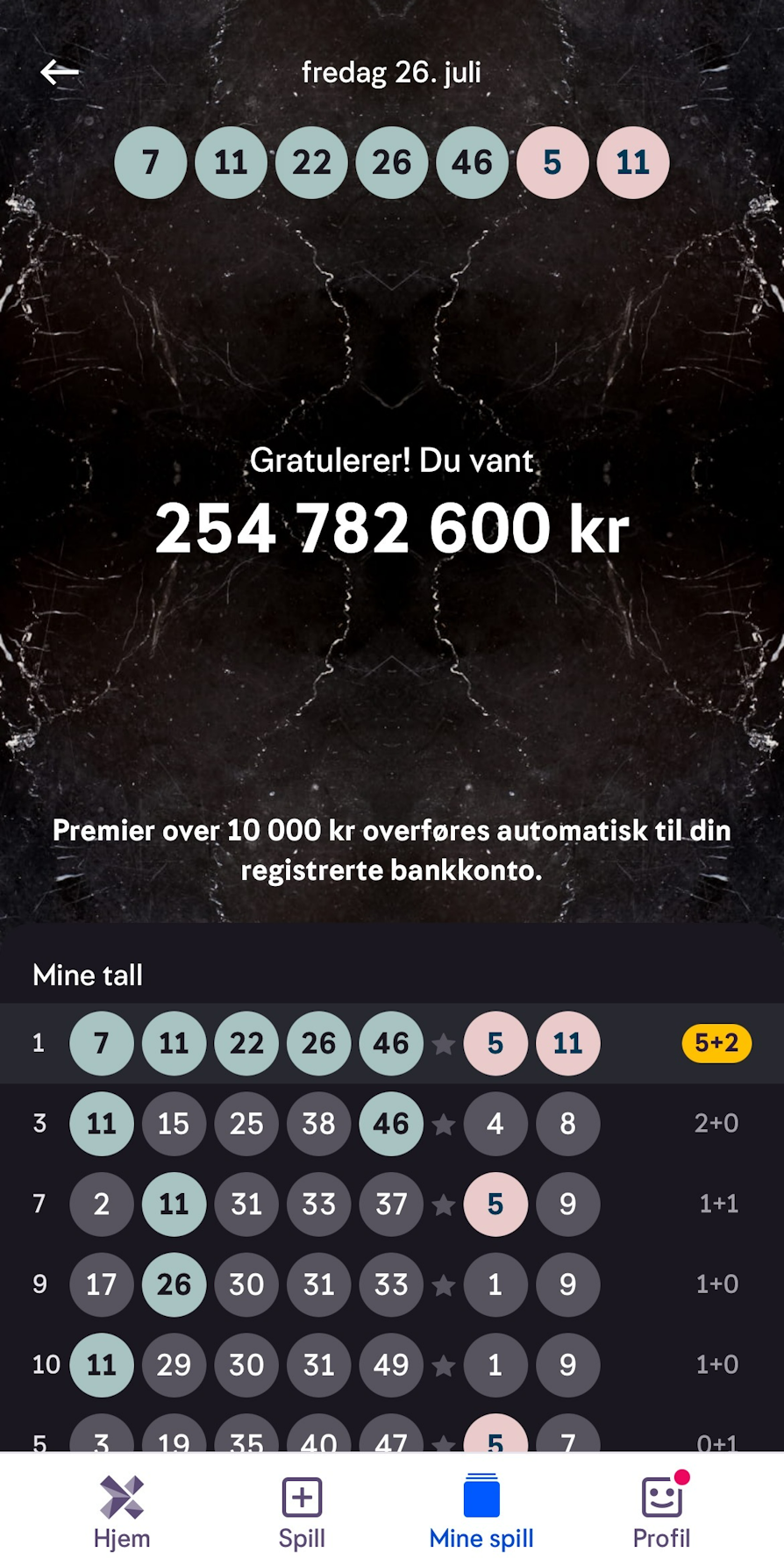 Skjermdump av premien til Eurojackpot-vinner som vant 254 mill. i juli 2024.