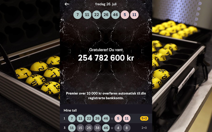 Eurojackpot-kuler i n koffert, med skjermdump av vinnersummen 254 mill. oppå.