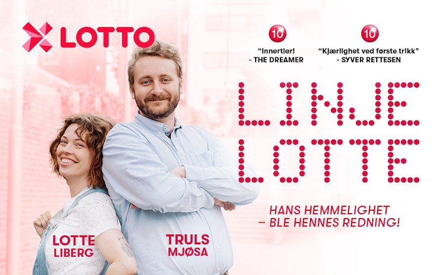 En fiktiv filmplakat som promoterer den nyeste Lotto-filmen. På plakaten ser vi en kvinne og en mann som står med ryggen mot hverandre og smiler. Tittelen på filmen er "Linje Lotte"
