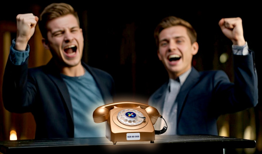 AI-bilde av to jublende menn i 30-åra - uskarpe i bakgrunnen. Limt inn i bildet foran, er en gullfarget telefon av den gamle typen. Telefonen fra Hamar. Eurojackpot. Norsk Tipping.