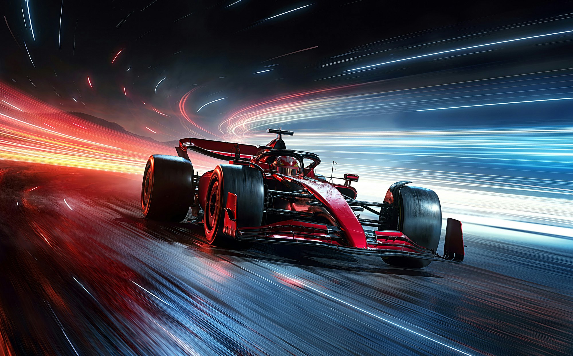 Formel 1-bil med raske farger rundt. Kjører i nattemørket.
