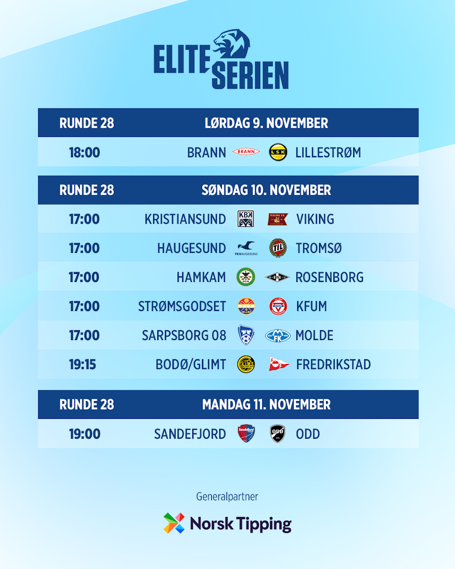 HELE RUNDEN I ELITESERIEN: Brann - Lillestrøm, Kristiansund - Viking, Haugesund - Tromsø, HamKam - Rosenborg, Strømsgodset - KFUM, Sarpsborg 08 - Molde, Bodø/Glimt - Fredrikstad, Sandefjord - Odd.