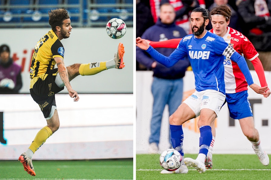 Bilde av fotballspillerne Justin Salmon, Egersund, og Adem Güven, Kongsvinger. Begge spillerne på en fotballbane. Møtes til kvalik til Eliteserien lørdag.