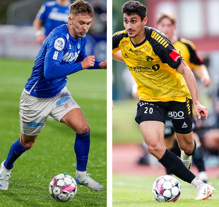 Bilde av to fotballspillere. Kongsvingers Ludvig Langrekken og Moss' Aksel Baran Potur . Til sak før kamp søndag 31. november, kvalik til eliteserien i fotball.