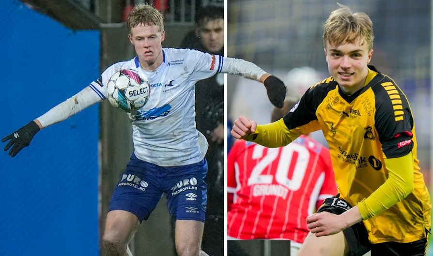 Fotballspillerne Anton Logi Ludviksson, Haugesund til venstre.  Håkon Krohg, Moss, til høyre. To bilder fra hver sin kamp satt sammen til ett bilde.