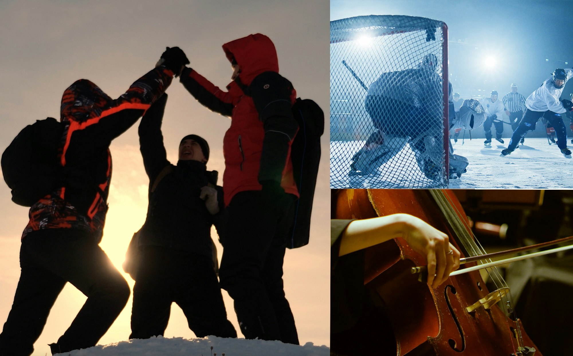 Collage av tre personer som high fiver, en hockey-spiller som skyter pucken på ml og en person som spiller på cello til årssaken for Grasrot 2024.