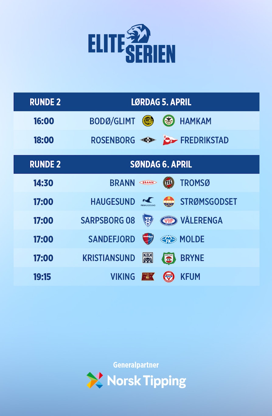 Bodø/Glimt - HamKam, Rosenborg - Fredrikstad, Brann - Tromsø, Haugesund - Strømsgodset, Sarpsborg 08 - Vålerenga, Sandefjord - Molde, Kristiansund - Bryne, Viking - KFUM.