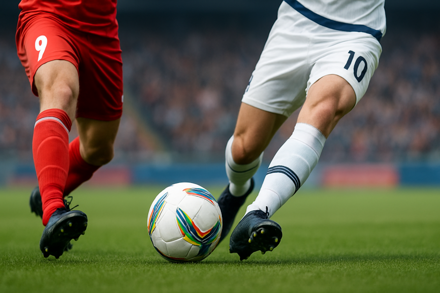 AI-bilde av to fotballspillere i kamp om ballen. Hvit drakt på den ene, rød drakt på den andre.