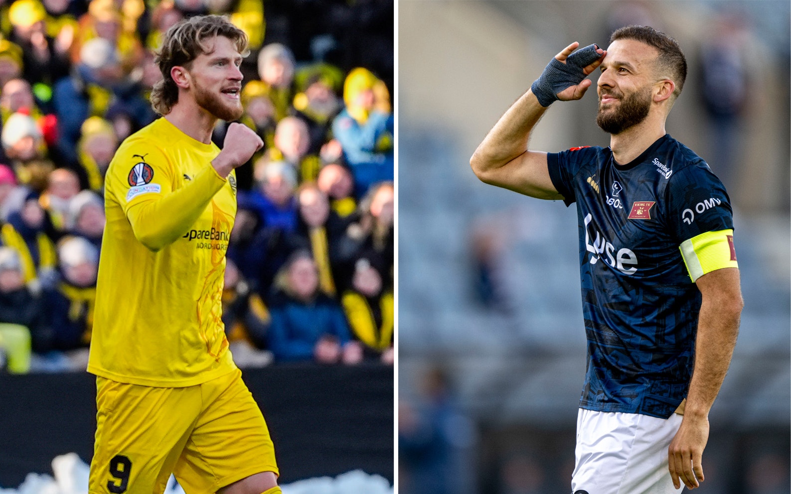 Bilde av Viking-spiller Zlatko Tripic (t.h.) og Bodø/Glimts Glimts Kasper Høgh. To forskjellige bilder satt sammen. Eliteserien fotball.