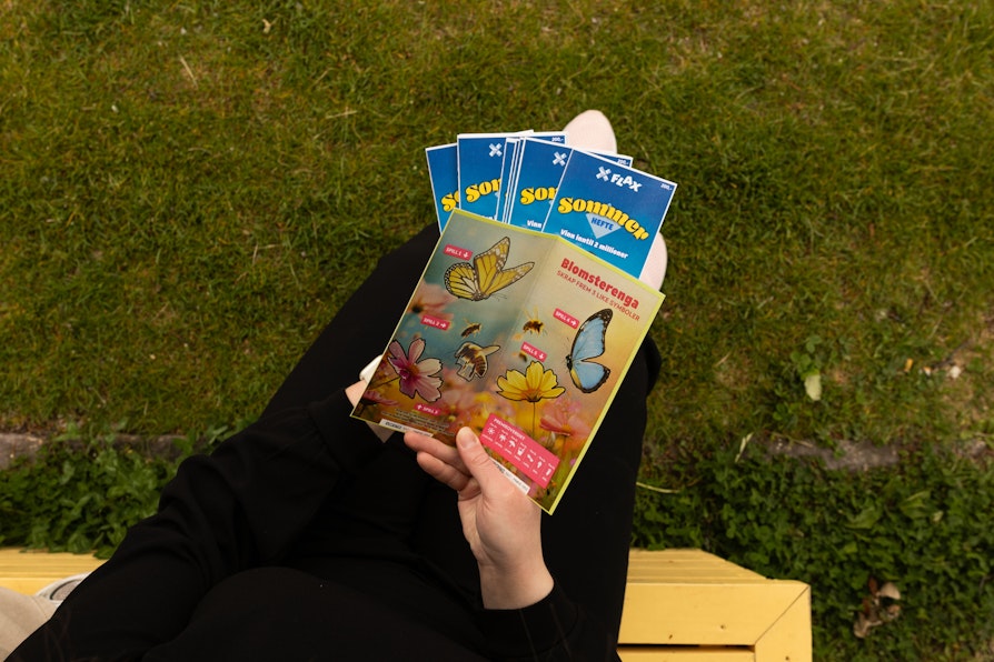Flax Sommer-heftet. Grønn plen rundt. Holder i flere lodd, der ett er åpnet.