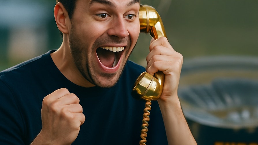 AI-generert bilde av en ung mann som jubler inn i telefonen. En telefon i gull av den gamle typen, med rør og dreieskive. Illustrasjonsbilde til artikkel om Eurojackpot-trekningen fredag 27. juni 2025.