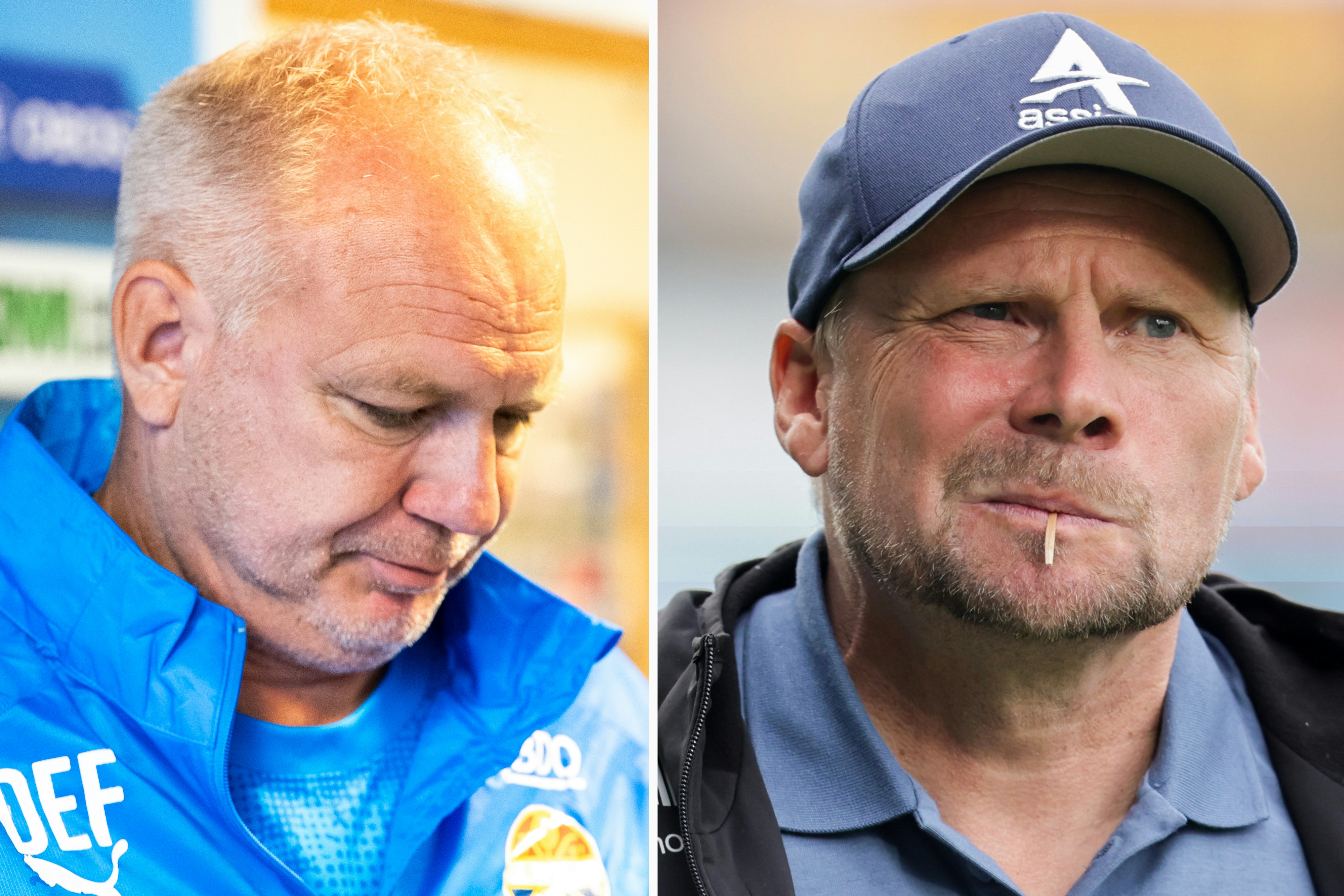 To bilder satt sammen til ett: Til venstre Strømsgodset-trener Dag-Eilev Fagermo, til høyre FK Haugesund-trener Toni Korkeakunnas. Tette ansiktsbilder. Begge ser skuffet ut, etter tap.