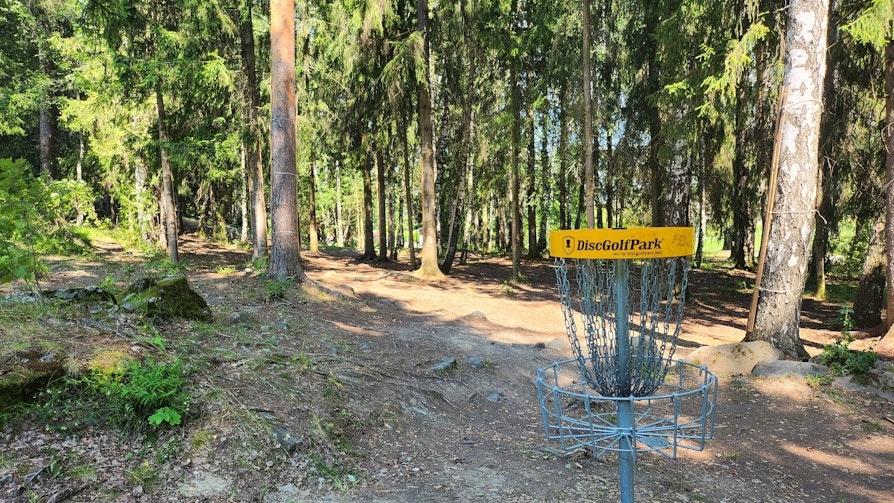 Bilder av en frisbeengolfbane på Hamar.