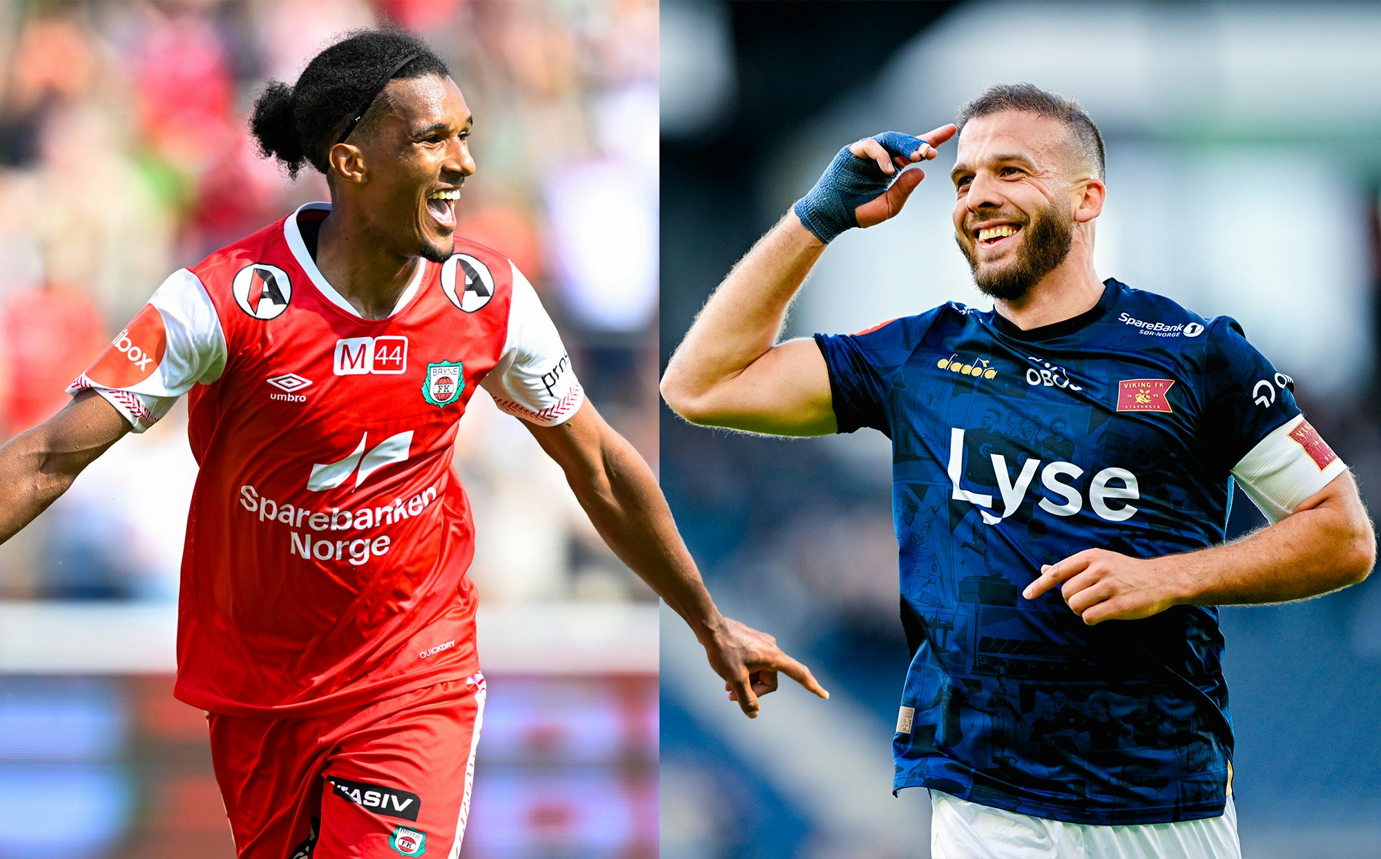 Brynes Alfred Scriven og Vikings Zlatko Tripic før Eliteseriekampen i fotball mellom de to juli 2025.