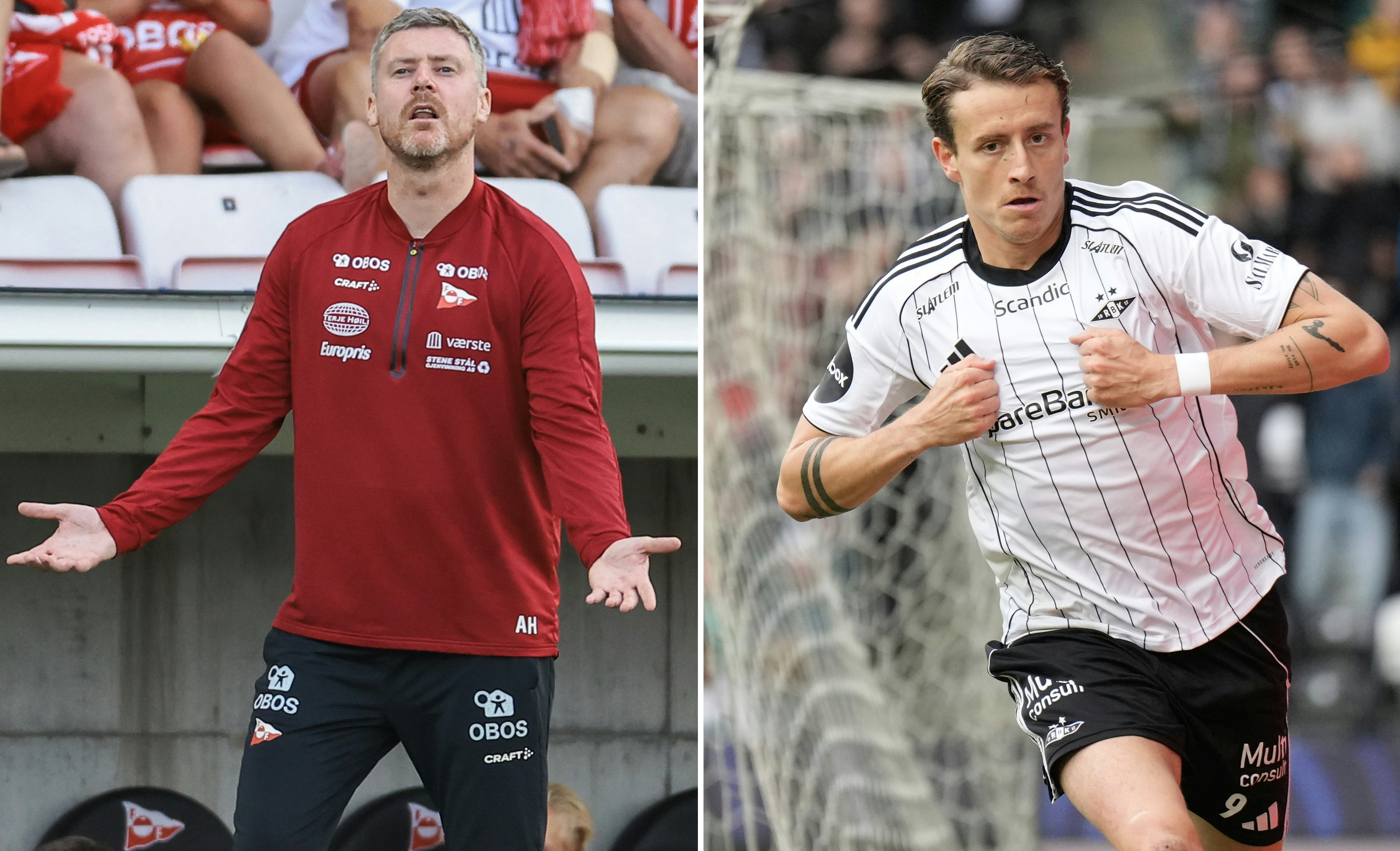 To bilder slått sammen til ett. Til venstre Fredrikstad-trener Andreas Hagen på sidelinjen i en kamp. Ser oppgitt ut. Til høyre Rosenborgs Ole Sæter, som jubler etter å ha scoret mot Mainz i Conference League-kvalik agust 2025 på Lerkendal.