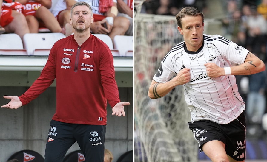 To bilder slått sammen til ett. Til venstre Fredrikstad-trener Andreas Hagen på sidelinjen i en kamp. Ser oppgitt ut. Til høyre Rosenborgs Ole Sæter, som jubler etter å ha scoret mot Mainz i Conference League-kvalik agust 2025 på Lerkendal.