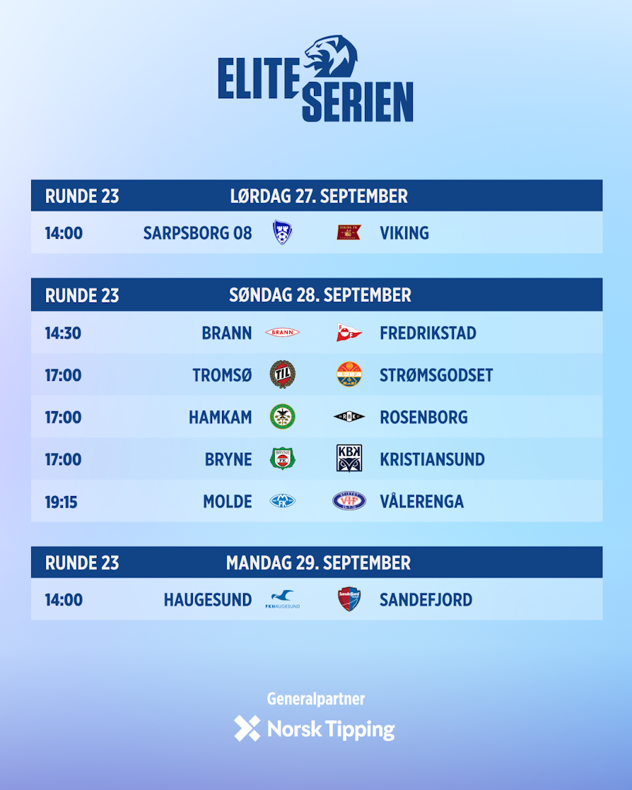 HELE RUNDEN: Sarpsborg 08 - Viking, Brann - Fredrikstad, Tromsø - Strømsgodset, HamKam - Rosenborg, Bryne - Kristiansund, Molde - Vålerenga, Haugesund - Sandefjord.