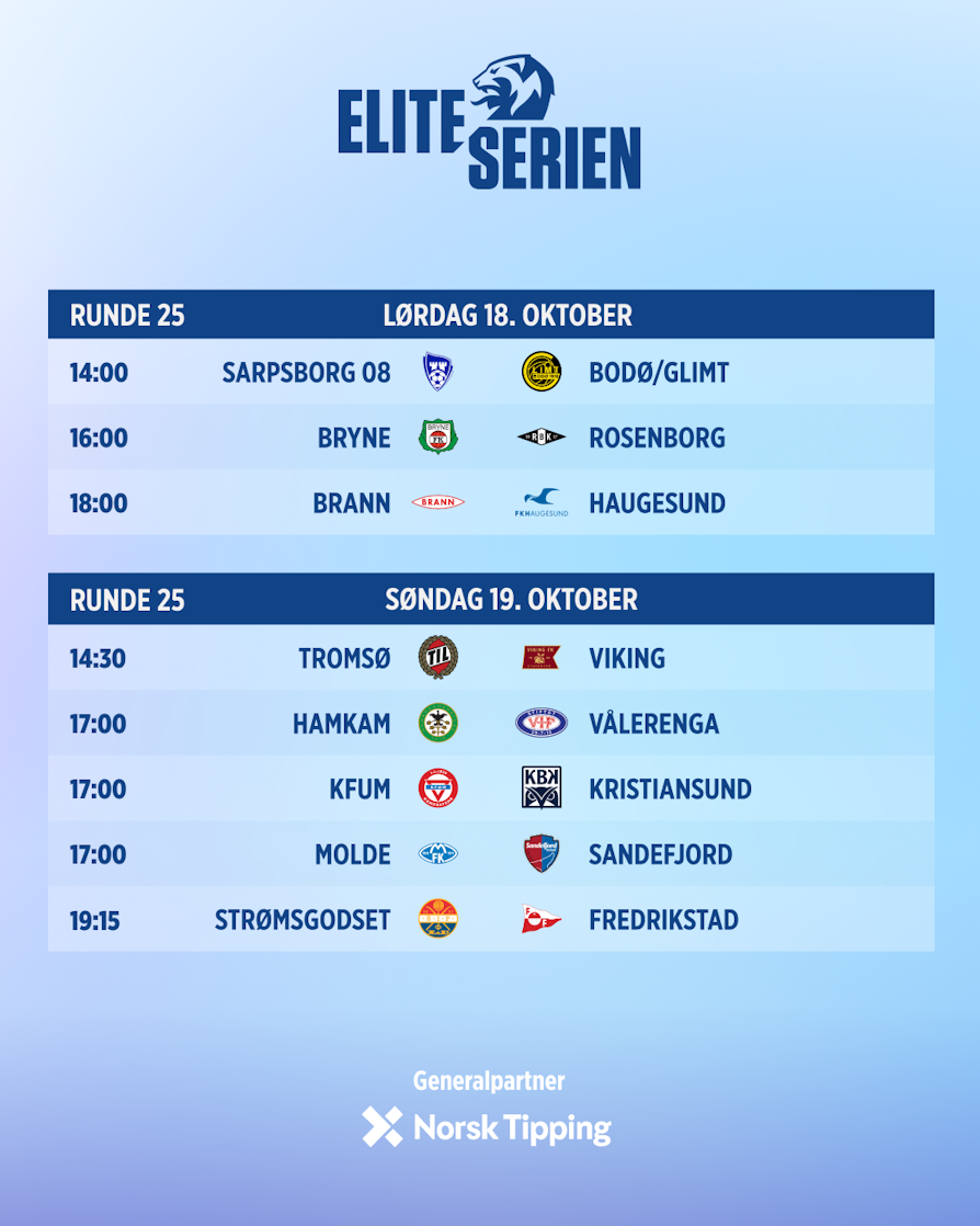 Sarpsborg 08 - Bodø/Glimt, Bryne - Rosenborg, Brann - Haugesund, Tromsø - Viking, HamKam - Vålerenga, KFUM - Kristiansund, Molde - Sandefjord, Strømsgodset - Fredrikstad.