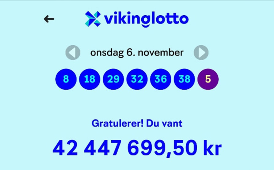 Gratulasjonsmelding i appen til Vikinglotto-vinnere av 42,4 millioner kroner.