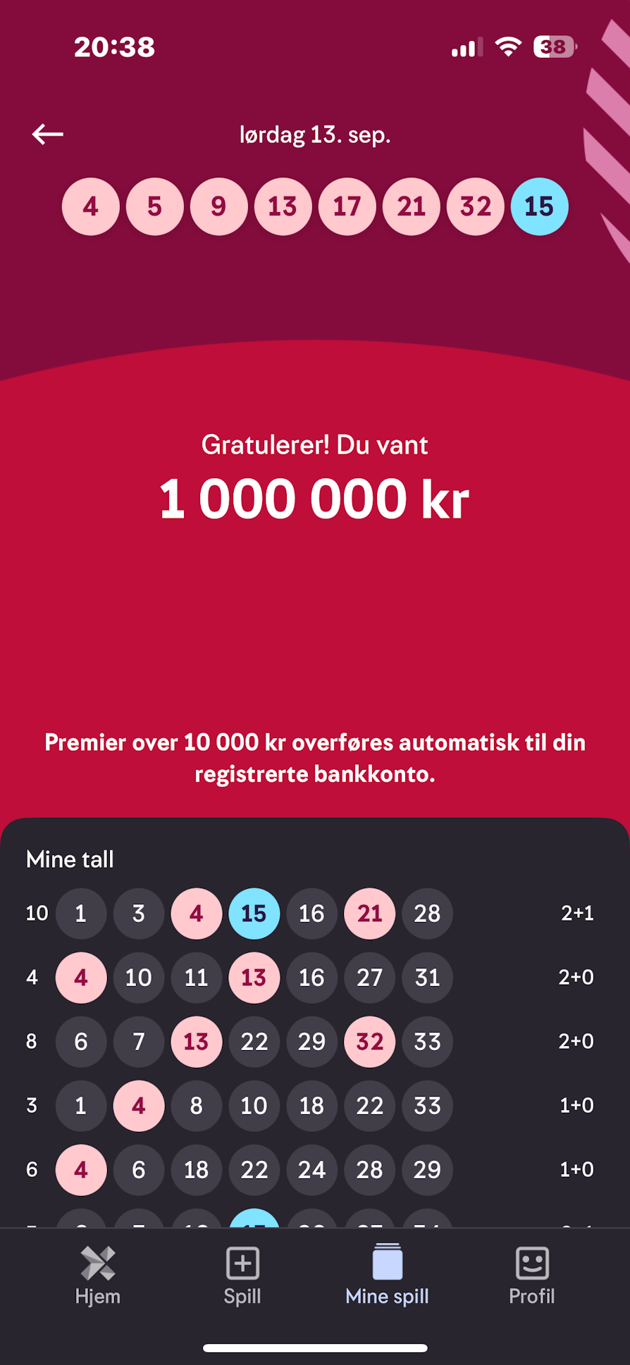 Skjermbilde av premie-beskjeden til Supertrekning-vinneren i Norsk Tippings mobil-app.