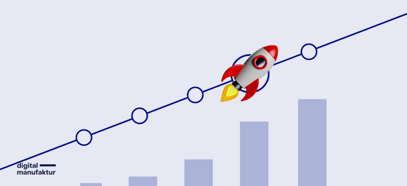 Eine Rakete die durchs Bild fliegt auf einem Balken, der schrittweise den Erfolg darstellt, darunter ist eine Statistik die in eine positive Höhe reicht