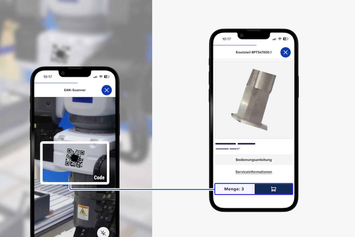 Ein Mobiltelefon, welches einen QR Code per Kamera von einer Maschine abließt. Es wird ein Ersatzteil gescannt und sofort nachbestellt. Außerdem wird nach dem Scannen die Produktseite mit Servicefunktionen und Bedienungsanleitung des Ersatzteils angezeigt.