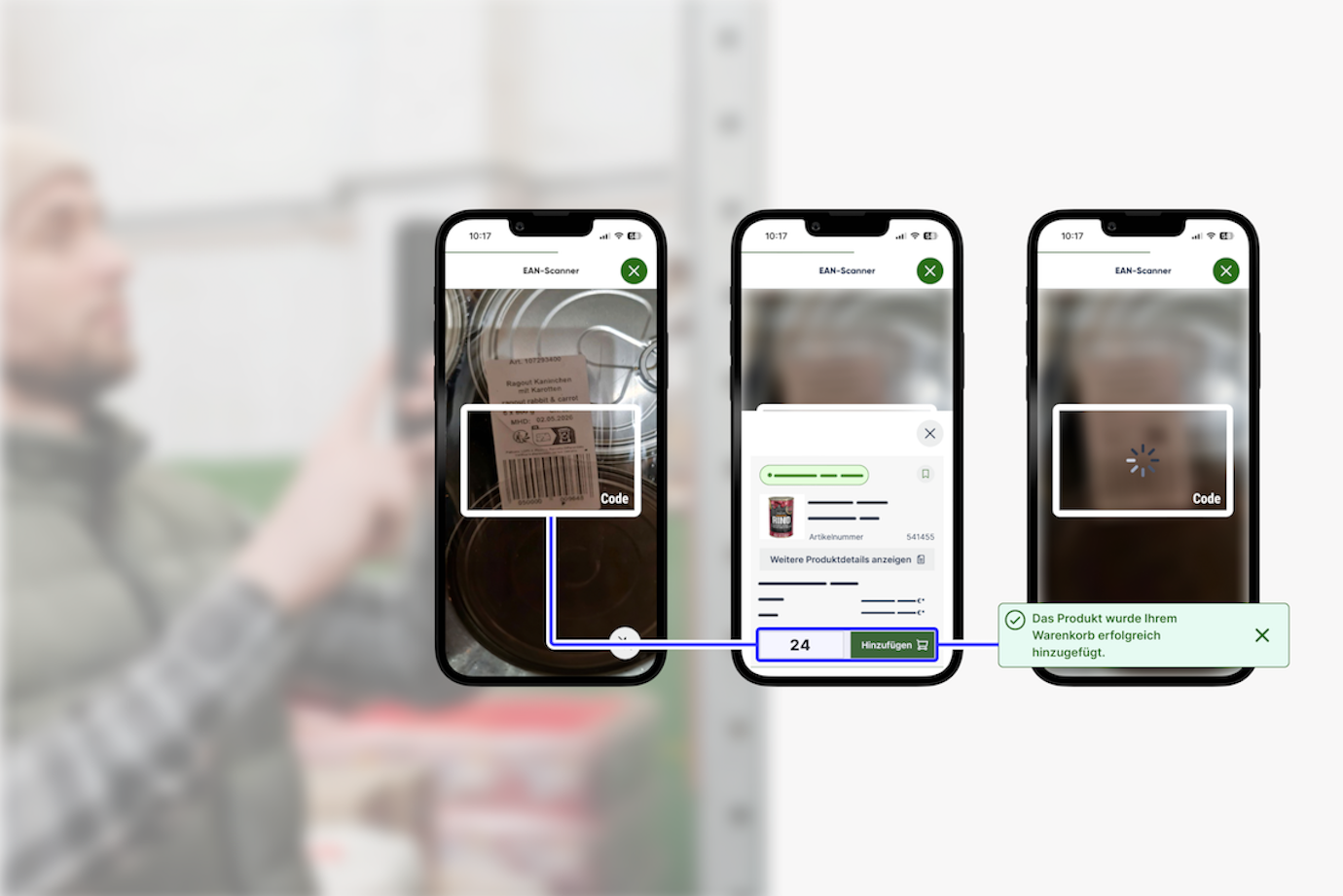 Die EAN Nummer der Ware wird per Mobiltelefon gescannt. Dazu nutzt man die Kamera des Mobiltelefons. Man kann die gewünschte Menge nun in den Warenkorb packen und bekommt anschließend eine Bestätigung, dass die Ware nun im Warenkorb liegt.