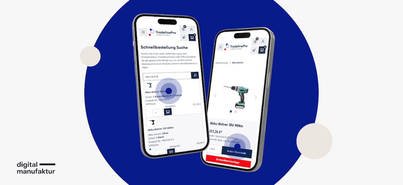 Zwei Mobiltelefone mit der Benutzerobfläche vom TradelinePro Shop