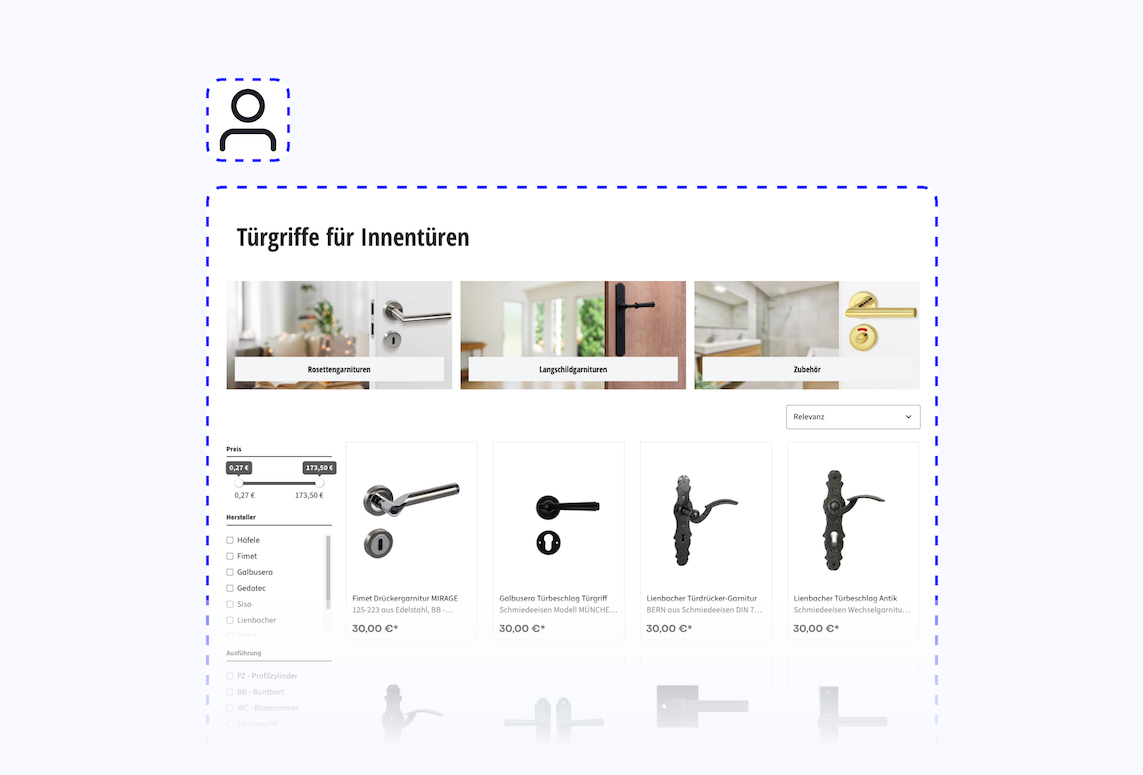 Die Ansicht eines Kategorie Listings für Türgriffe aus der Sicht eines B2C Users. Die Produktboxen der Produkte sehen anders aus als bei der Ansicht eines B2B Users