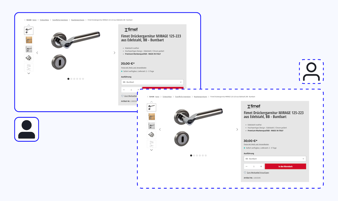 Die Buybox der Produktdetailseite für einen Türgriff aus der Sicht eines B2B Users und eines B2C Users. Die Preise unterscheiden sich